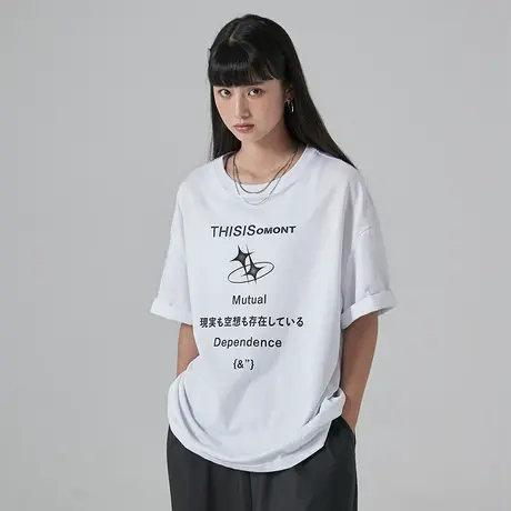 omont蛋挞家复古文字宽松短袖T恤女夏季薄款2023年新款酷女孩上衣商品大图