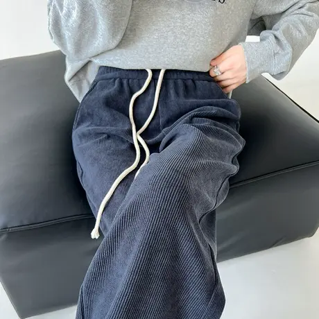 灰色灯芯绒窄版阔腿裤女秋冬2024新款高腰雪尼尔直筒香蕉运动卫裤图片