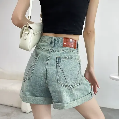 挽边牛仔短裤女夏季薄款高腰显瘦宽松遮胯百搭a字阔腿辣妹热裤潮商品大图