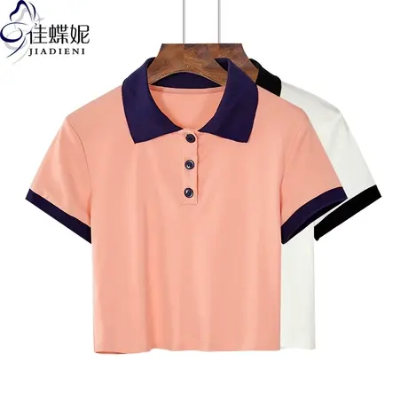夏季新款韩版纯棉修身立领短款高腰纯色短袖体恤上衣网红同款女装商品大图