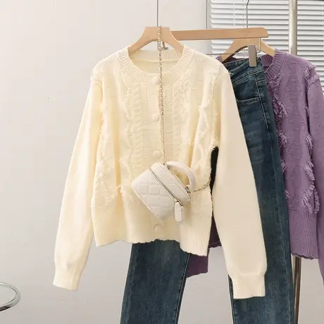 2023秋装新款韩版宽松圆领纯色开衫女士外套上衣常规长袖针织衫女商品大图