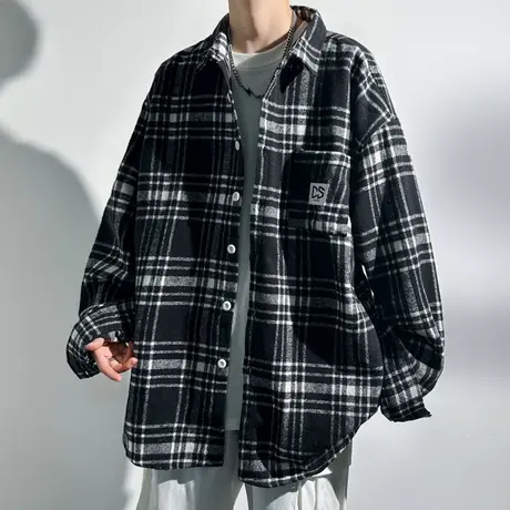 港风格子长袖衬衫男士秋季新款休闲宽松衬衣男装潮牌痞帅寸衫外套图片