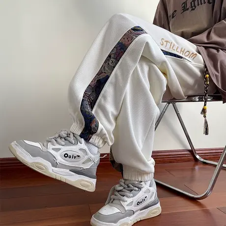 拼接灰色卫裤男士春秋季潮牌大码休闲裤男生宽松束脚运动裤子男款商品大图