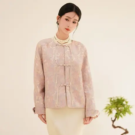 素飞新中式女装改良唐装上衣秋冬圆领宽松薄棉衣粉色外套SU4982图片