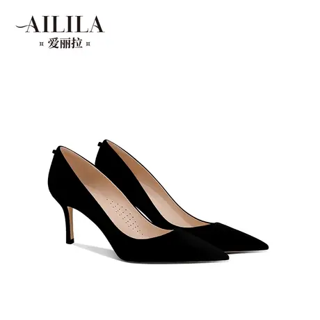 爱丽拉黑色高跟鞋女2024新款夏季通勤职业尖头细跟绒面单鞋不累脚图片