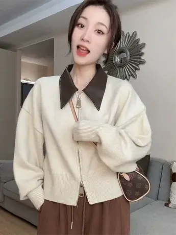 韩版潮流时尚拼色POLO领长袖外套女秋季小香风通勤休闲小个子上衣商品大图