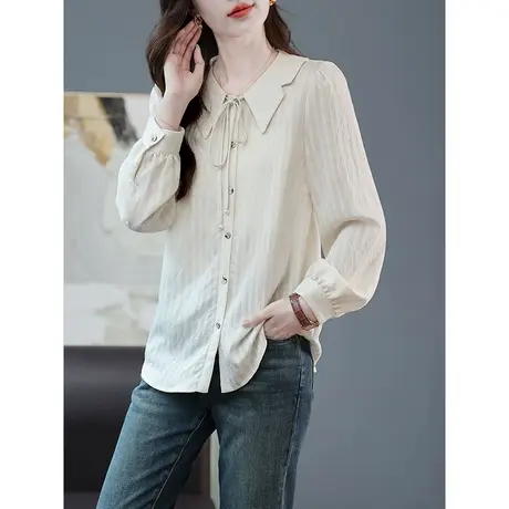 宝诗黎系带翻领长袖衬衫减龄温柔上衣女2024春季新款时尚休闲上衣商品大图