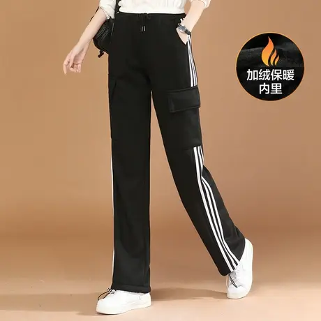 韩潮袭人松紧腰加绒运动休闲裤女2023冬季新款百搭直筒阔腿卫裤图片