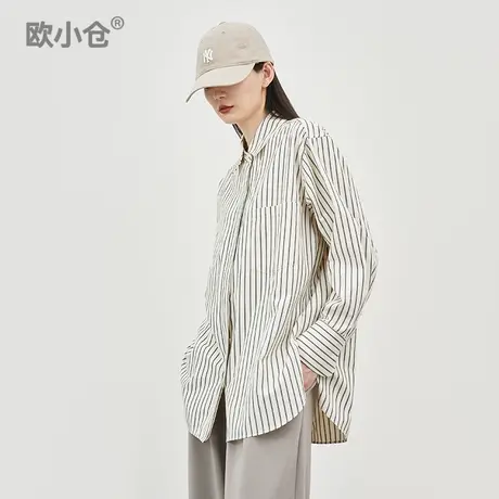 欧小仓黑条纹衬衫citygirl纸片人oversize男友风宽松长袖棉感衬衣图片