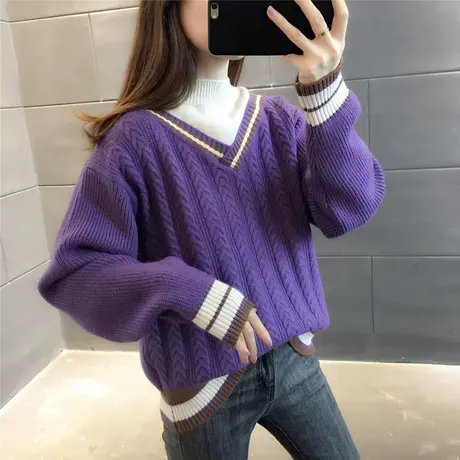 假两件拼接半高领毛衣女套头2023新款韩版秋冬季纯色针织打底外套商品大图