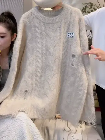 破洞设计感麻花毛衣女秋冬新款韩版宽松显瘦百搭长袖针织衫上衣潮图片