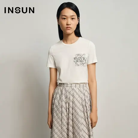 恩裳夏季亲肤口袋绣花白色短袖T恤图片