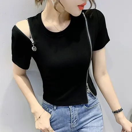 时尚拉链开叉T恤女短袖夏小众设计感洋气上衣高腰短款丅恤半袖潮商品大图