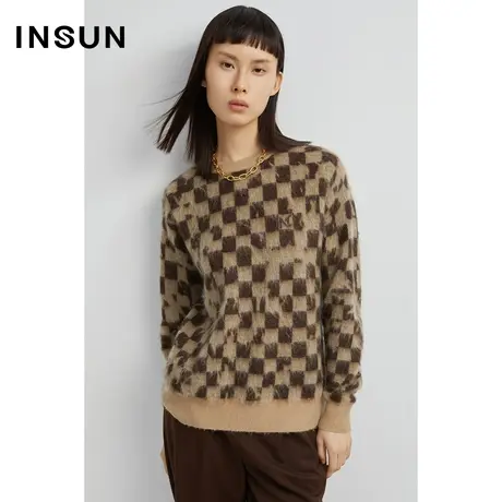 INSUN恩裳冬季马海毛绒感棋盘格毛织衫商品大图
