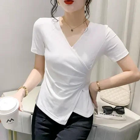 2024夏季新款设计感开叉T恤女短袖洋气百搭小衫性感V领上衣不规则图片