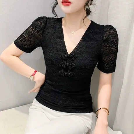 性感V领蕾丝衫女短袖2024夏季新款复古气质修身上衣时尚盘扣T恤潮图片
