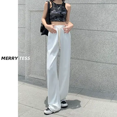 白色窄版阔腿休闲裤女秋季2023年高腰显瘦百搭抽绳宽松休闲直筒裤商品大图