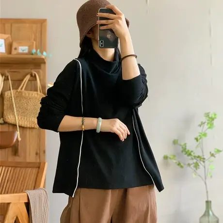 dza双面绒保暖长袖高领T恤女秋冬内搭不规则拼接打底衫宽松短上衣商品大图