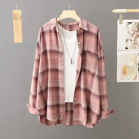 2024秋季新款粉色格子衬衫女休闲薄外套春秋外穿衬衣宽松港味衬衣商品大图
