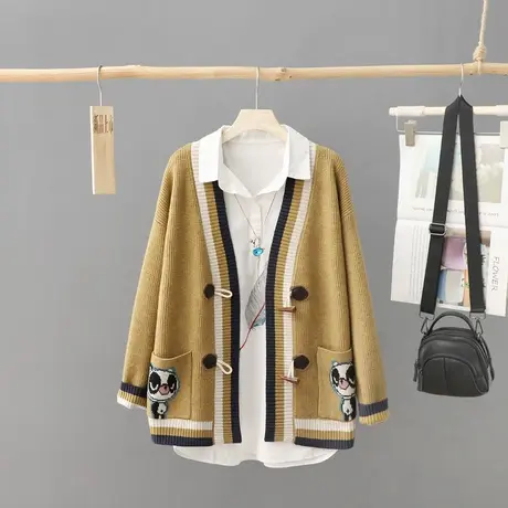 2024年秋装新款V领提花针织开衫女加厚毛衣外套外搭毛针织衫上衣图片