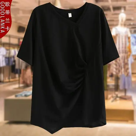 夏装大码200斤不规则褶皱短袖T恤洋气时尚减龄年轻胖妈妈V领上衣商品大图