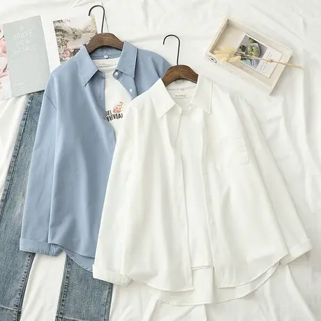 秋季2023年新慵懒风宽松纯色长袖衬衫女韩范百搭纯棉衬衣上衣外套商品大图