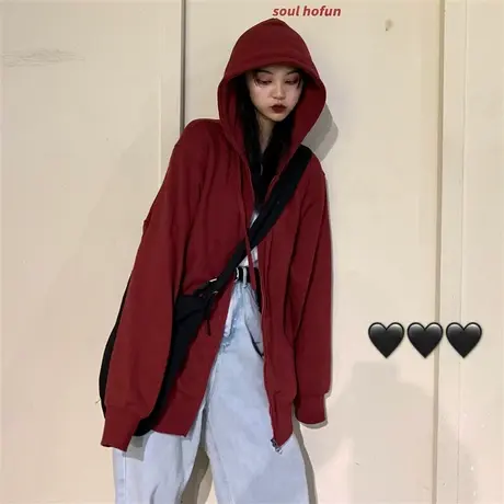 美式复古卫衣女2021宽松韩版ins设计感小众春秋薄款开衫连帽外套商品大图