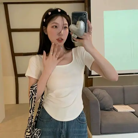 大码白色短袖t恤女夏季2024年新款微胖mm正肩遮肚子显瘦辣妹上衣商品大图