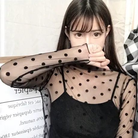 很仙的内搭网纱上衣女初秋2024新款韩版高领波点喇叭袖蕾丝打底衫商品大图