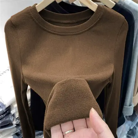 欧货螺纹加绒打底衫女秋冬修身显瘦长袖T恤内搭紧身加厚磨毛上衣图片