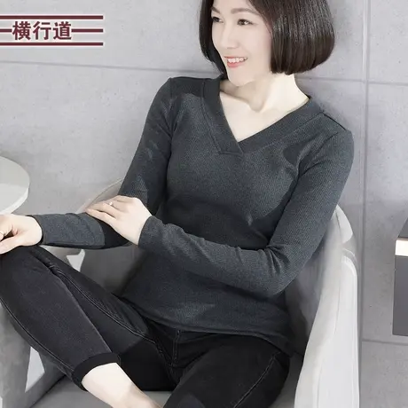 2024春装新款大码修身V领上衣服打底衫女纯色外穿妈妈长袖T恤女装商品大图