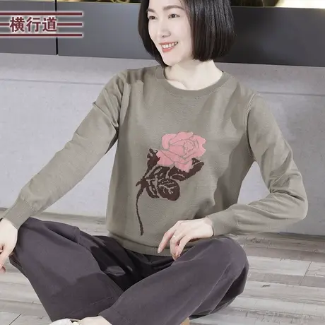 甜美淑女圆领提花宽松长袖针织上衣女大码外穿上衣服2024春季新款商品大图