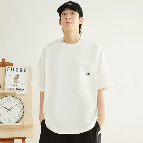 300g重磅纯棉日系潮牌夏季基础口袋纯色宽松短袖T恤男白色小领口商品大图