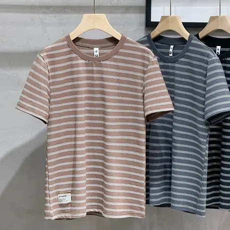 帅气上衣潮韩版条纹短袖男修身2023夏季新款半袖t恤丝光体恤圆领商品大图