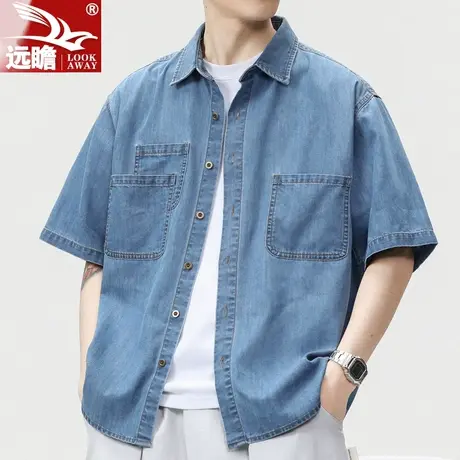 短袖牛仔衬衫男夏季薄款休闲衬衣工装男士半袖寸衫外套潮2023新款图片