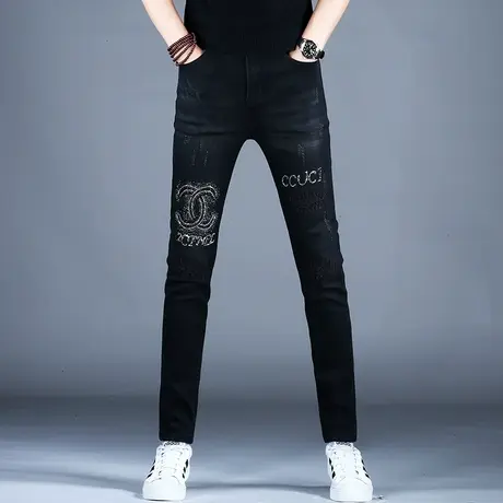 男士品牌牛仔裤男款秋冬新款裤子潮牌黑色小脚修身烫钻痞帅高级感商品大图