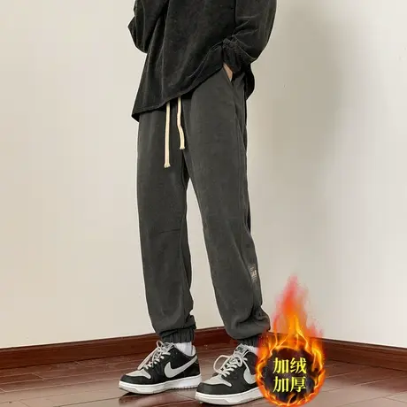 雪尼尔裤子男士秋冬季加绒休闲束脚灯芯绒男裤春秋款抽绳卫裤男款商品大图