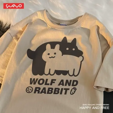 悦游 狼和兔 日系街头文艺复古潮牌宽松短袖T恤男夏季设计感男生商品大图