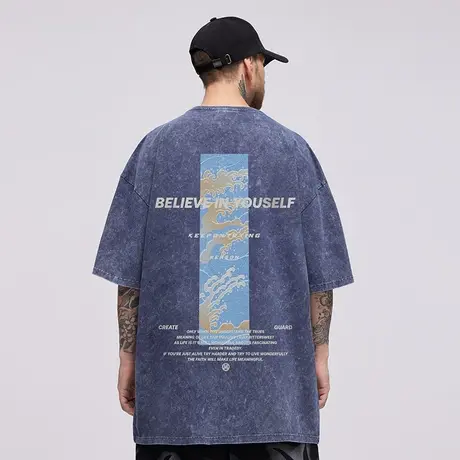 摩严美式重磅潮牌胖子男加肥加大码宽松做旧复古加肥加大短袖T恤图片