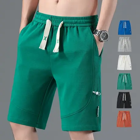 夏季薄款五分休闲运动绿色短裤男士宽松紧腰中裤子外穿大裤衩潮牌商品大图