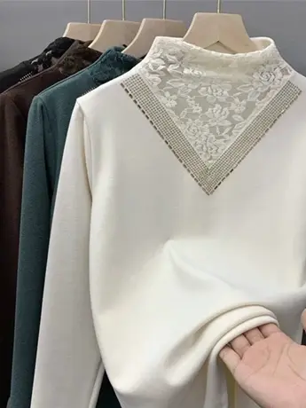加绒加厚德绒半高领打底衫女秋冬新款修身显瘦t恤蕾丝烫钻上衣服商品大图