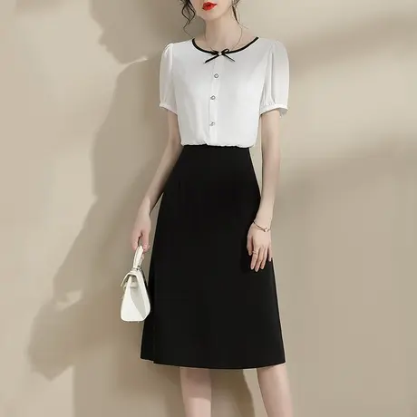 【1件7.9折】夏季新品时尚撞色拼接a型裙修身显瘦短袖连衣裙商品大图