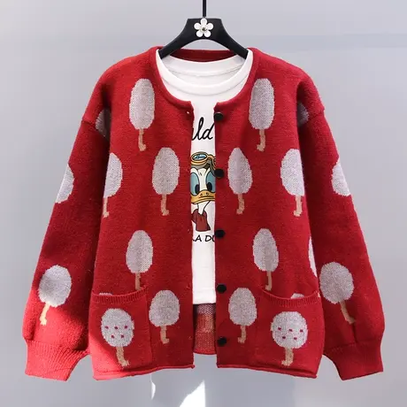 日系复古洋气蘑菇提花毛衣外套女冬季2023新款宽松高级感针织开衫商品大图