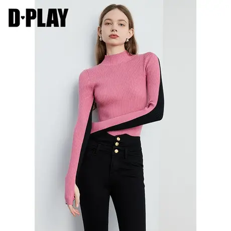 DPLAY冬设计感粉拼黑修身半高领内搭针织打底衫毛衣上衣女商品大图