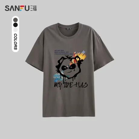 三福2023夏男士都市休闲圆领短袖  简约宽松短袖T恤酷熊猫474716商品大图