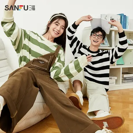 直播秒杀三福2023秋季新款卫衣男粗横条纹无性别情侣款休闲宽松圆商品大图