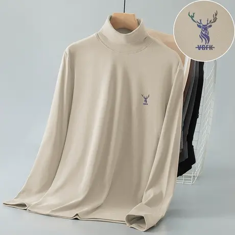 重磅双面德绒t恤男长袖秋冬保暖内搭打底衫潮牌印花小衫高领秋衣商品大图