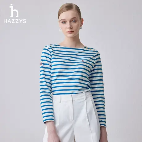 【商场同款】Hazzys哈吉斯条纹T恤女2024年春季新款纯棉长袖体恤图片