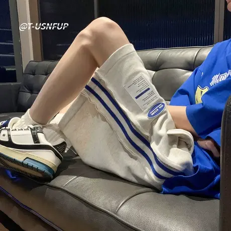 美式撞色拼接阔腿休闲短裤男夏季篮球外穿跑步运动大码贴标五分裤商品大图