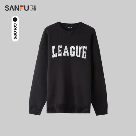 三福2024春季男士美式做旧提花毛衣 街头潮流圆领上衣男482265商品大图